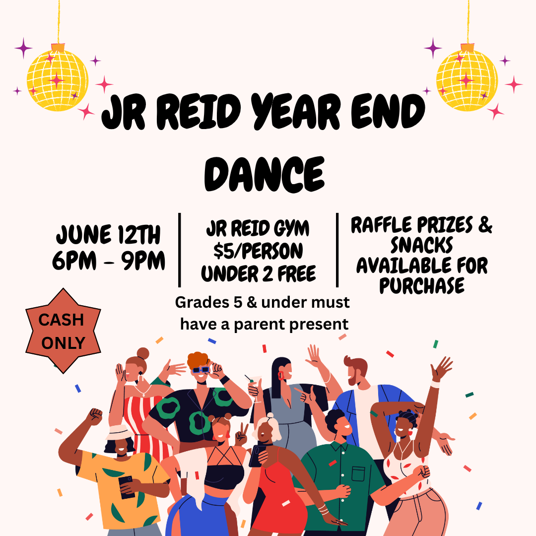 Poster showing cartoon people dancing. Text is explained below