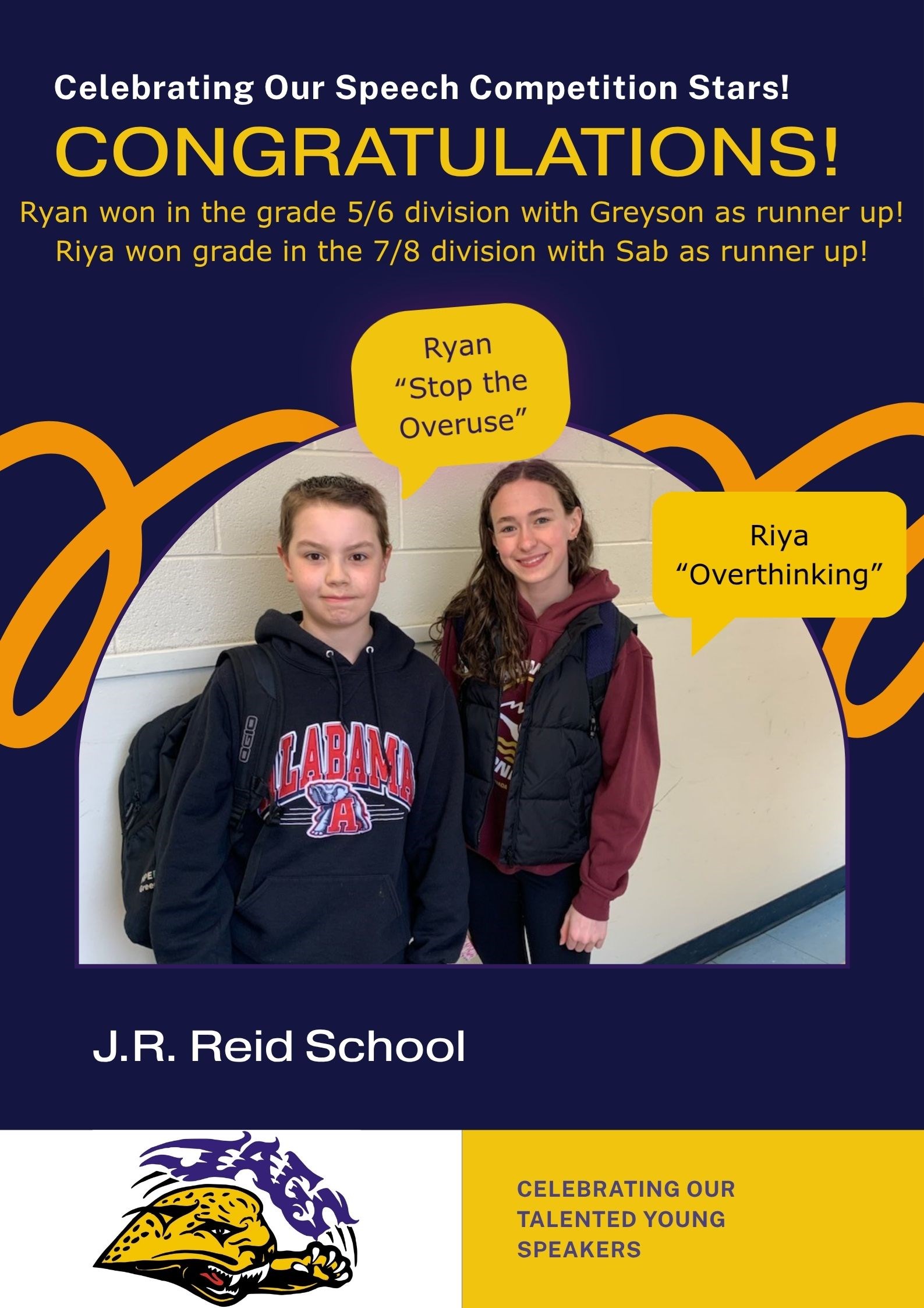 Photograph celebrating speech competition winners at J.R. Reid School, featuring two students with speech bubble labels highlighting their speech topics: "Stop the Overuse" and "Overthinking." Text announces Ryan as grade 5/6 division winner with Greysom as runner-up, and Riya as grade 7/8 division winner with Sab as runner-up, set against a blue and yellow school-themed background. AI-generated content may be incorrect.