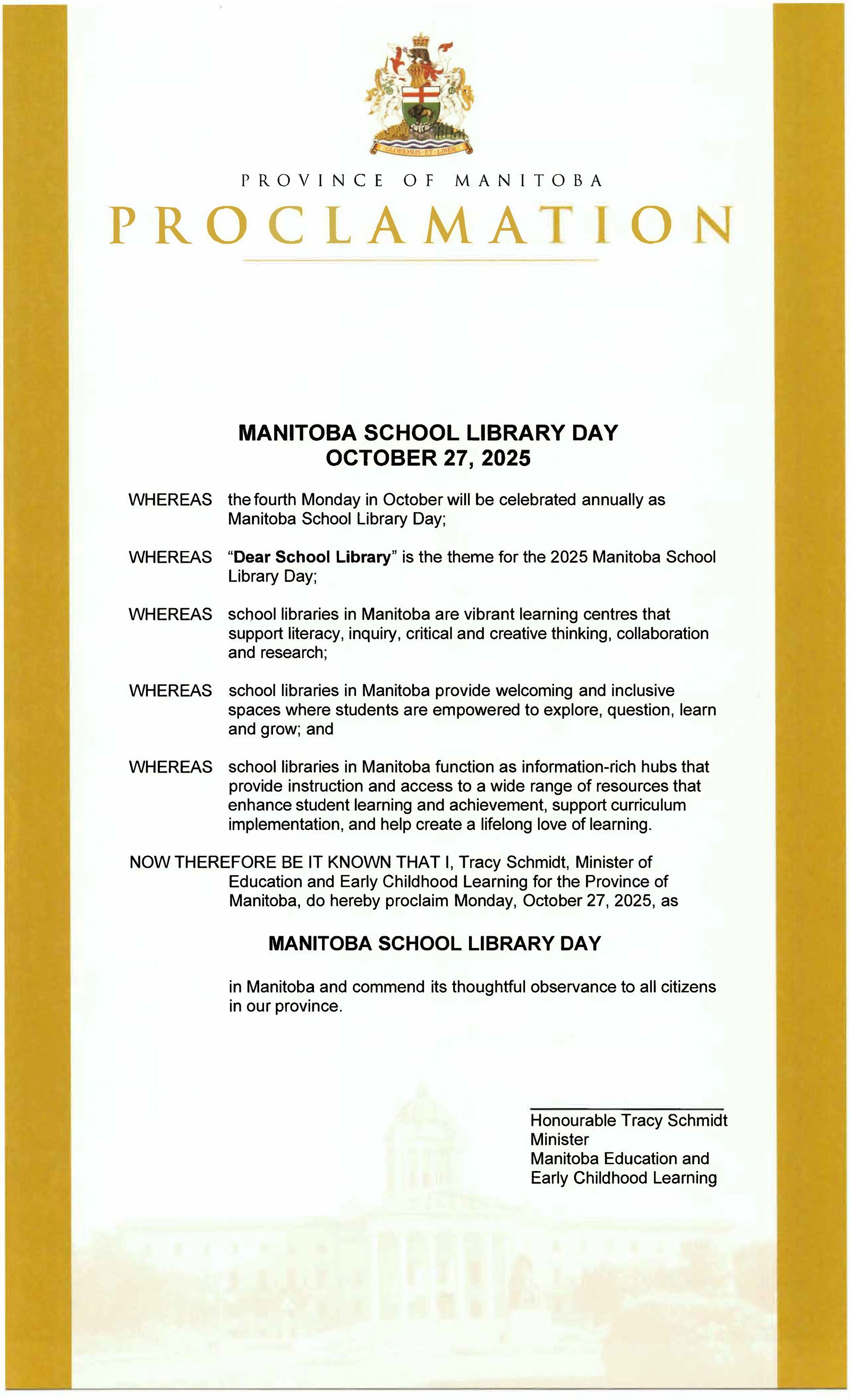 Manitoba School Library Day Proclamation (English)