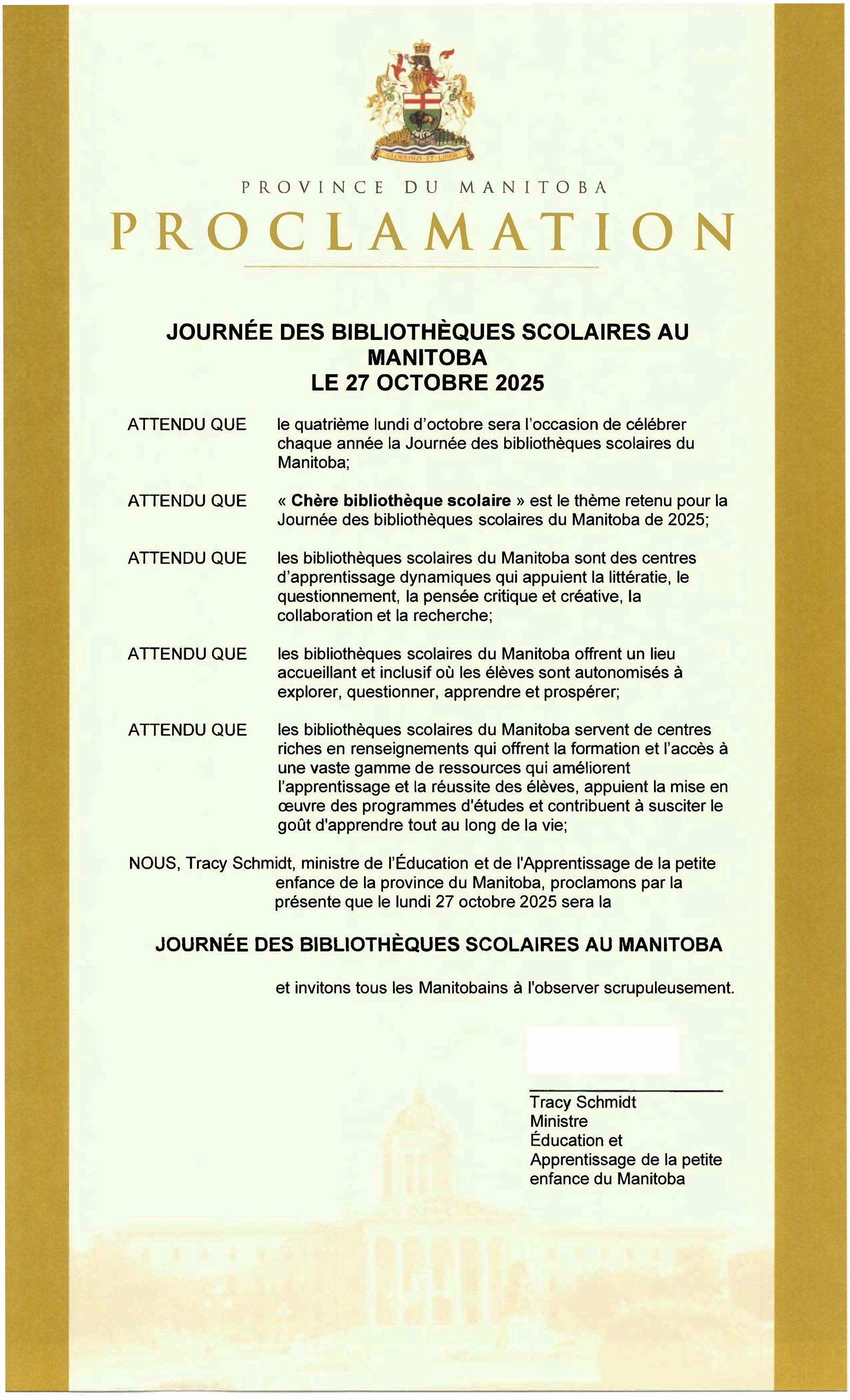 Manitoba School Library Day Proclamation (French)