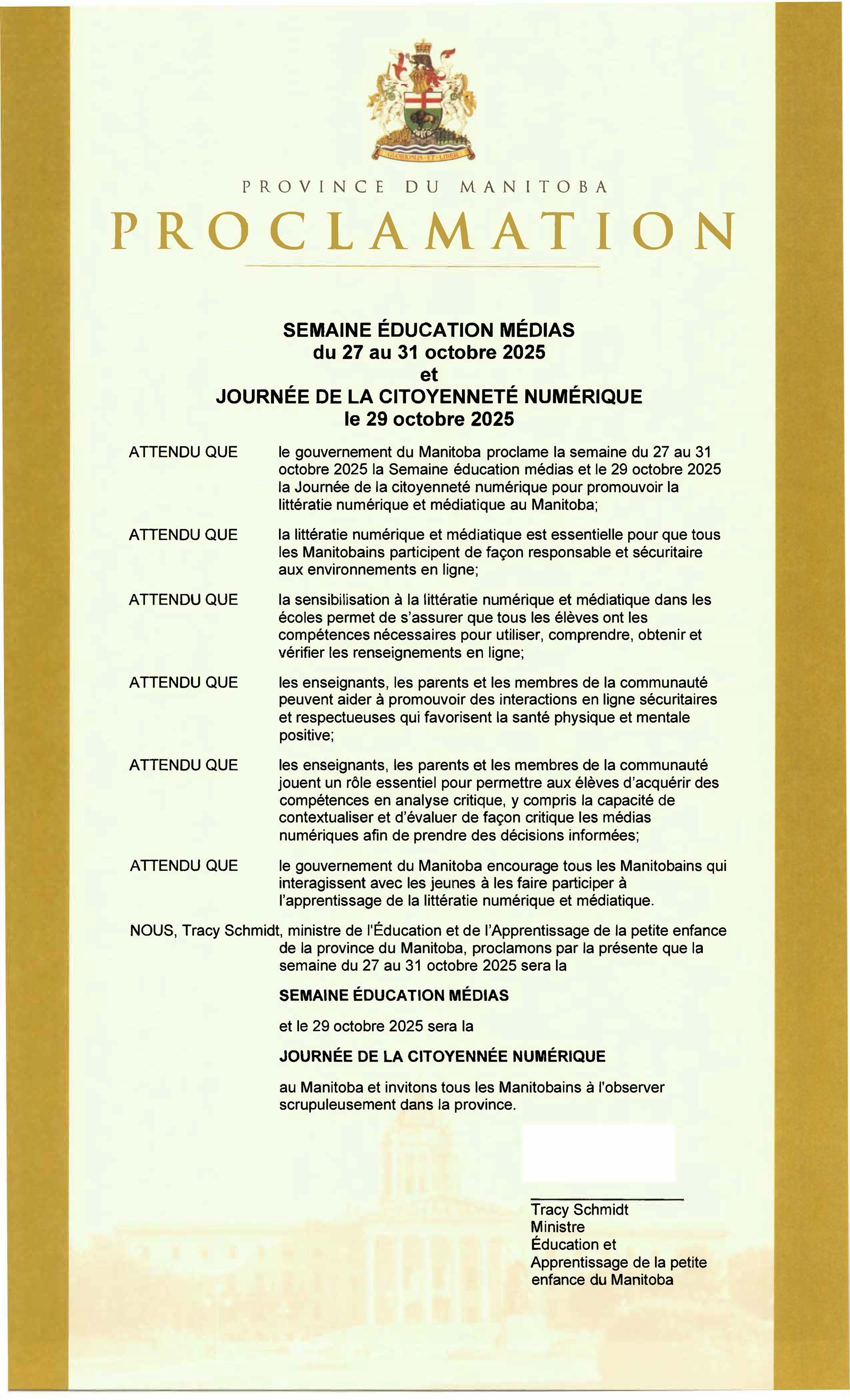 Media Literacy Week (October 27-31, 2025) and Digital Citizen Day (October 29, 2025) Proclamation (French)