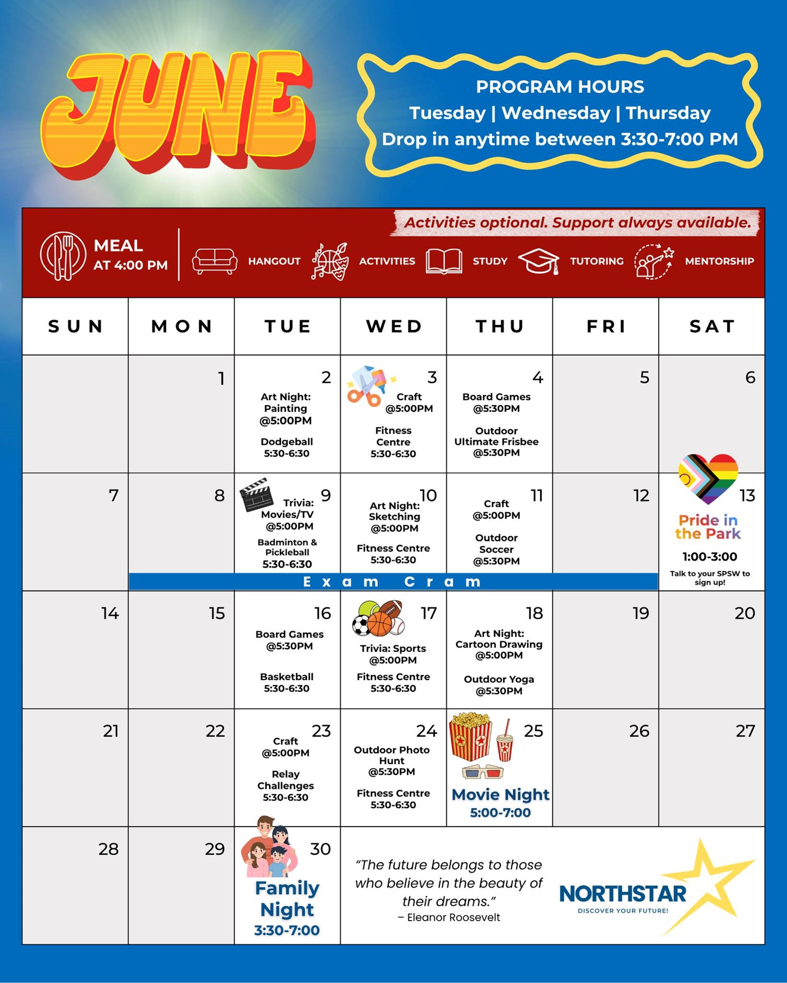 June calendar displays weekly program schedule for BSD’s NorhtStar Project 