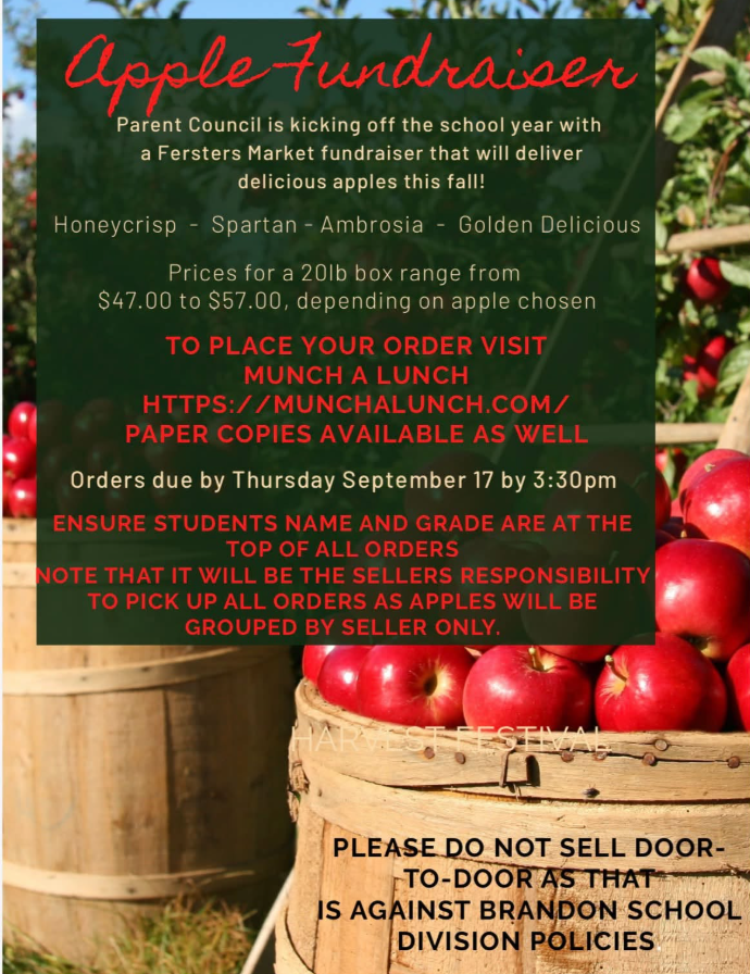 Photographic fundraiser flyer features red apples and wooden apple baskets behind green text panel announcing a school Parent Council fundraiser. Flyer lists Honeycrisp, Spartan, Ambrosia, and Golden Delicious apples, $47–$57 per 20-pound box, September 17 ordering deadline, Munch a Lunch website, paper-copy option, and no door-to-door sales warning. 