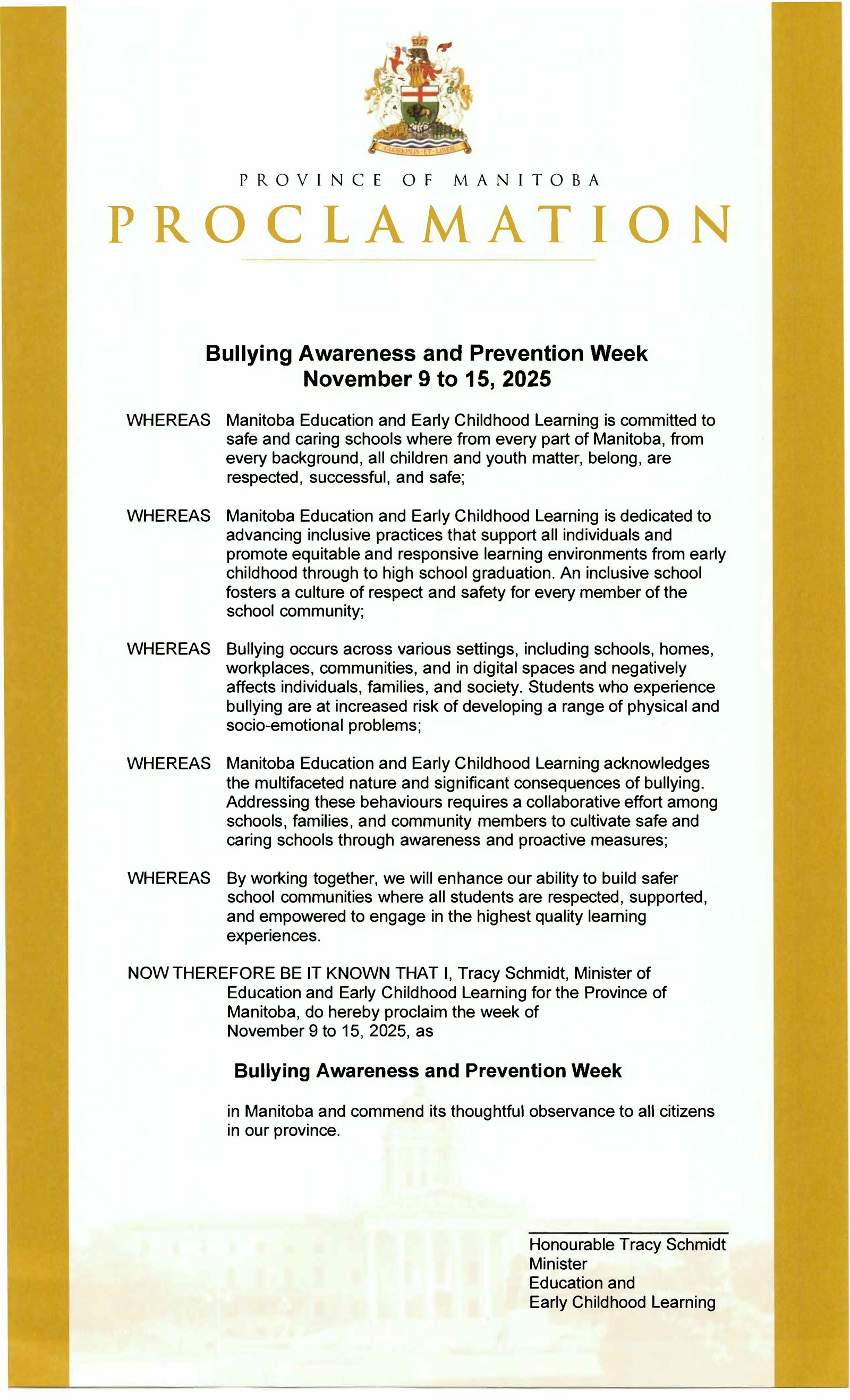 Bullying Awareness & Prevention Week Proclamation (English)