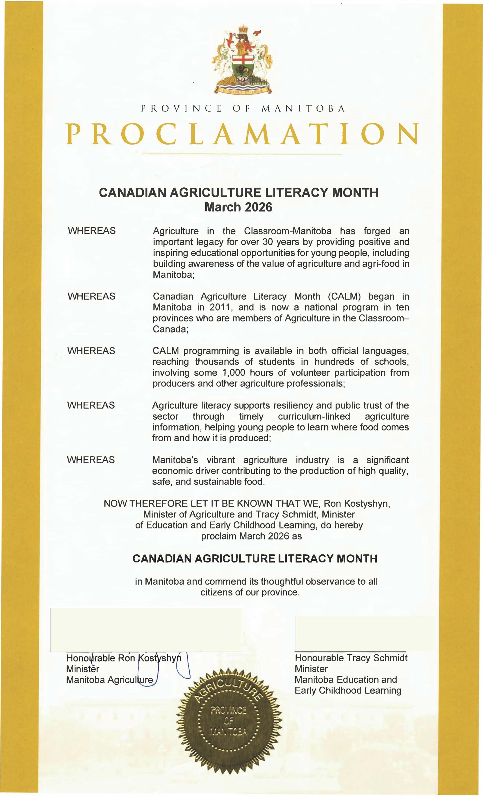 Canadian Agriculture Literacy Month Proclamation (English)