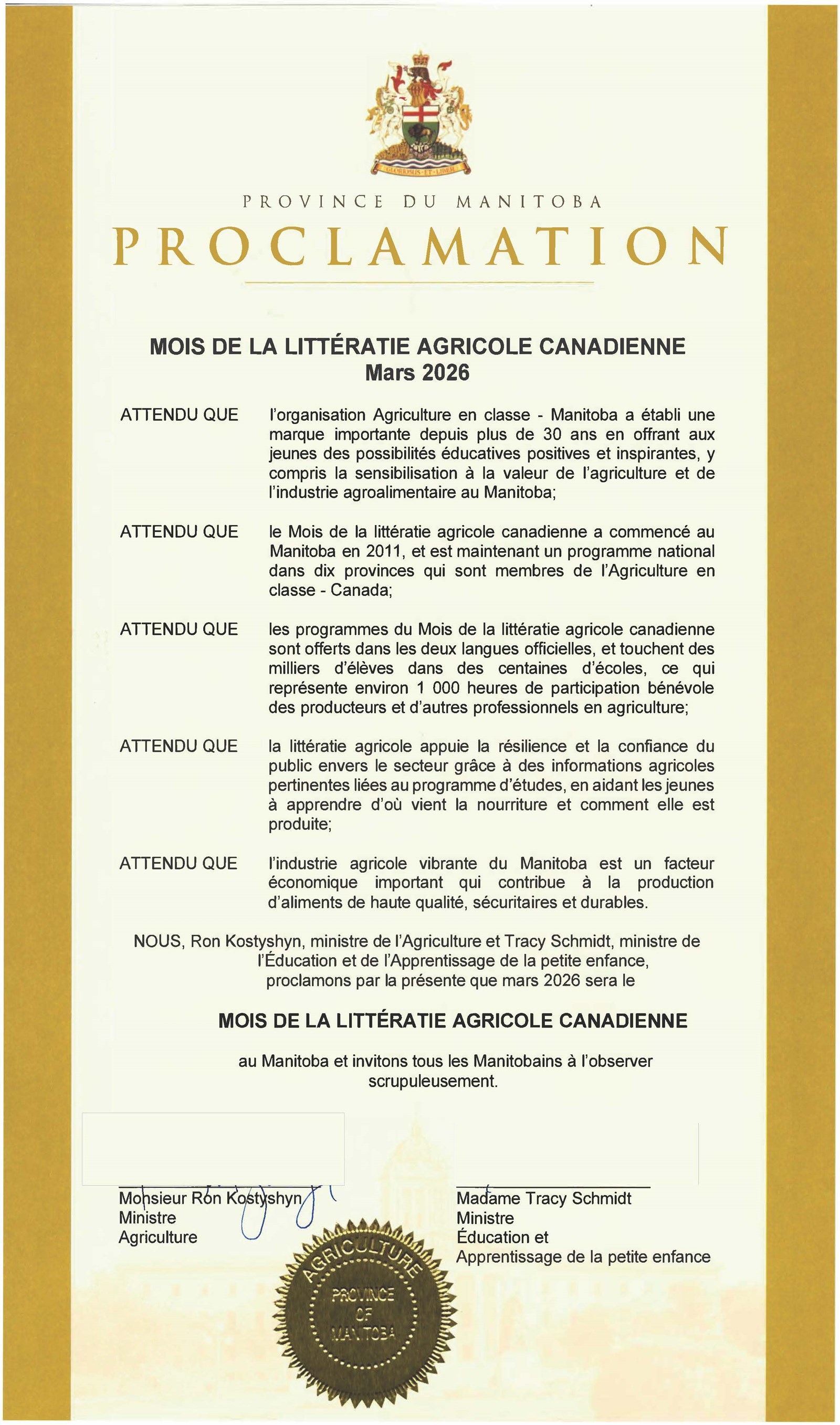 Canadian Ag Literacy Month Proclamation (French)