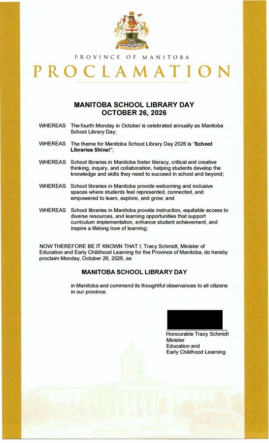 Manitoba School Library Day Proclamation (English - opens in new tab)