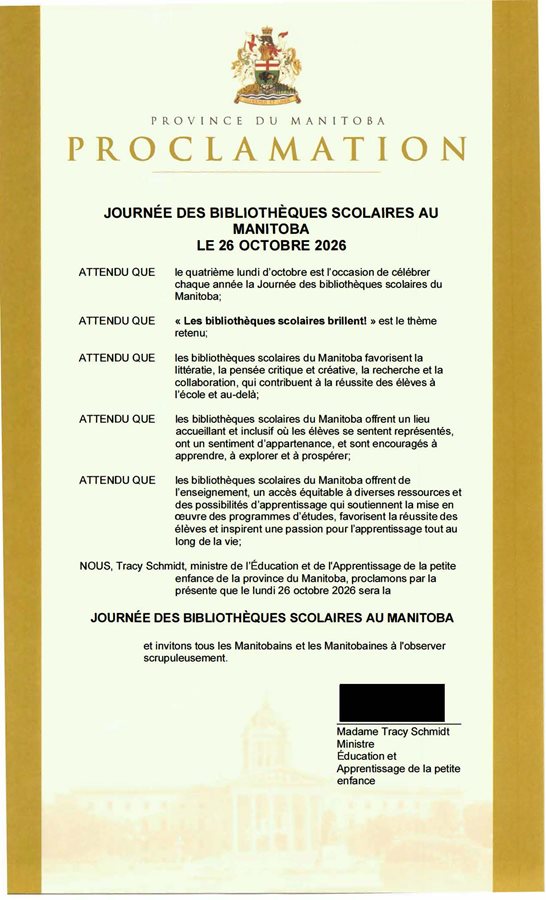 Manitoba School Library Day Proclamation (French - opens in new tab)