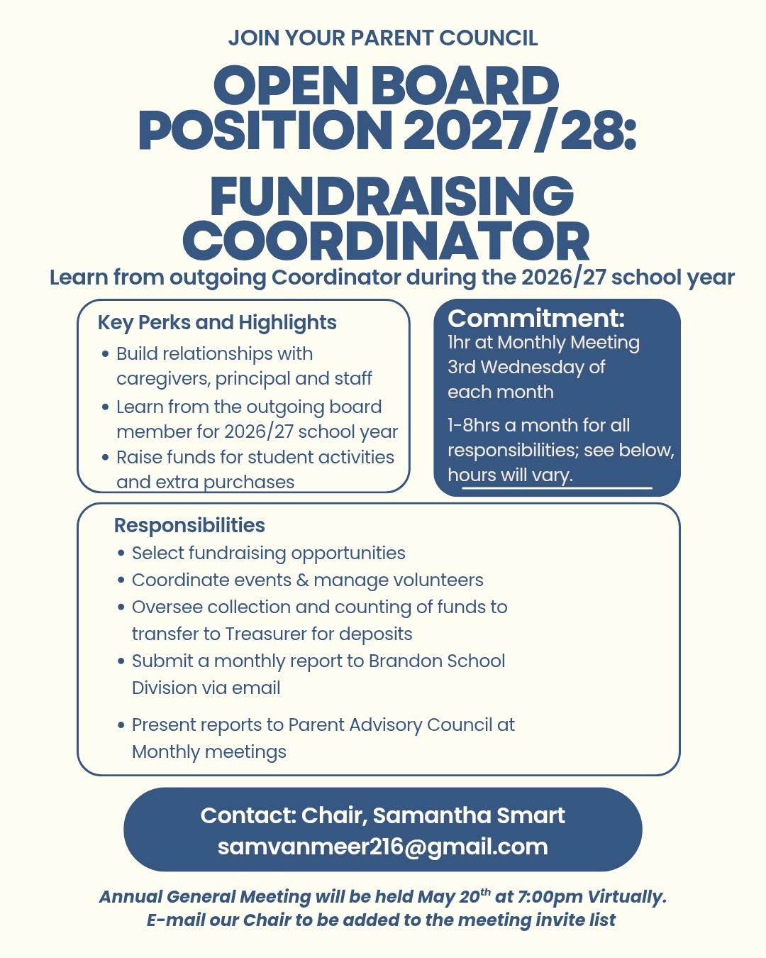 Join your dedicated Parent Advisory Council team for the 2026/27 school year—we're seeking a Secretary and offering a Shadow position with our Fundraising Coordinator to learn the ropes. All parents and caregivers are welcome to attend monthly meetings as members at large; to observe/learn at monthly meetings, assist lightly— with no big commitment. Email our Chair, Samantha Smart samvanmeer216@gmail.com to inquire/join our team!