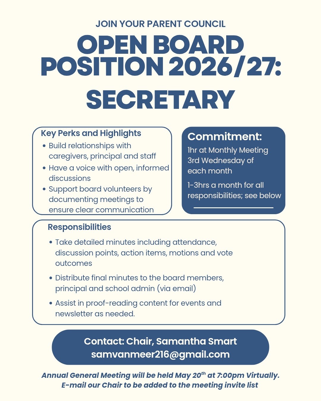Join your dedicated Parent Advisory Council team for the 2026/27 school year—we're seeking a Secretary and offering a Shadow position with our Fundraising Coordinator to learn the ropes. All parents and caregivers are welcome to attend monthly meetings as members at large; to observe/learn at monthly meetings, assist lightly— with no big commitment. Email our Chair, Samantha Smart samvanmeer216@gmail.com to inquire/join our team!