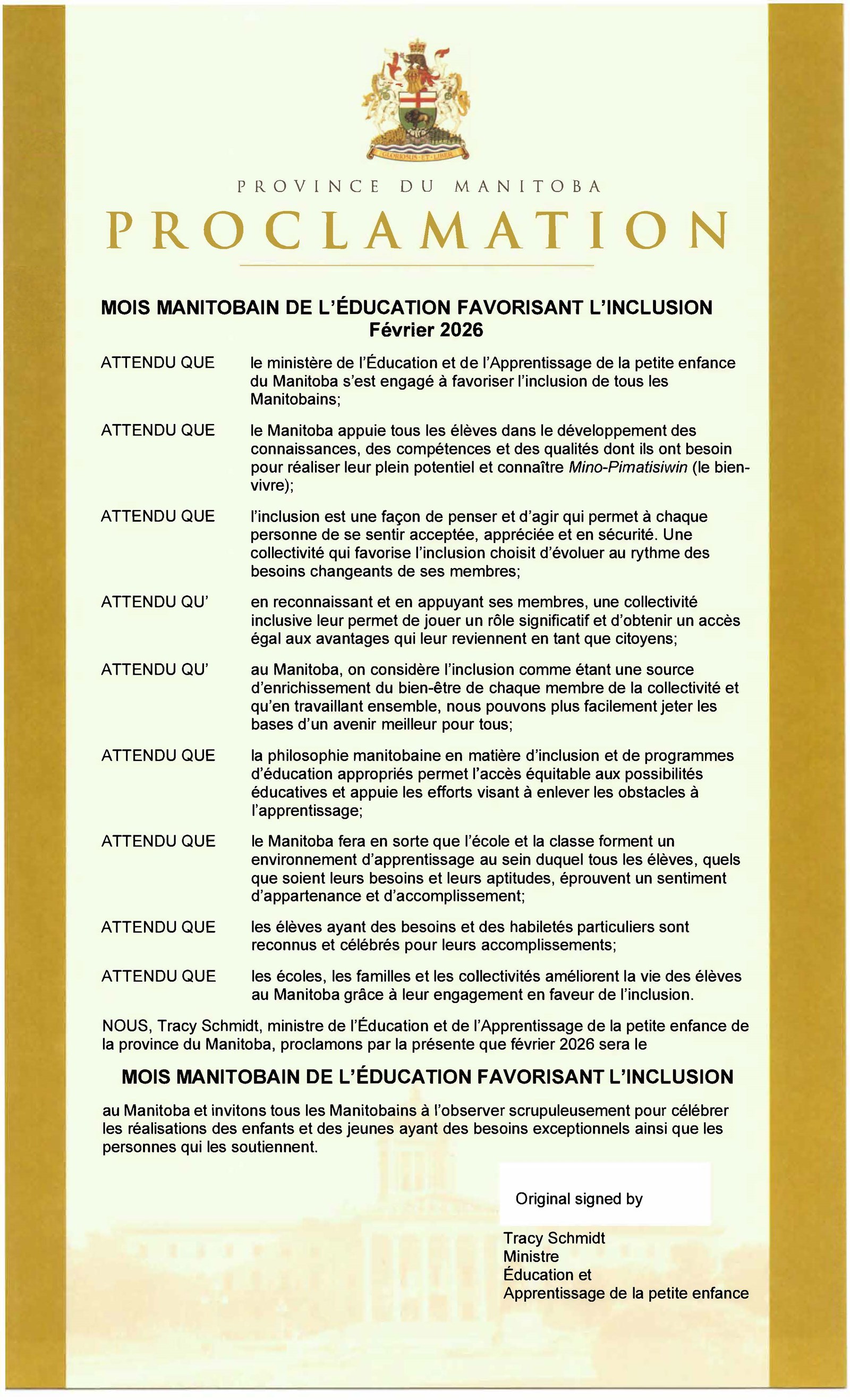 Inclusive Education Month Proclamation (French)