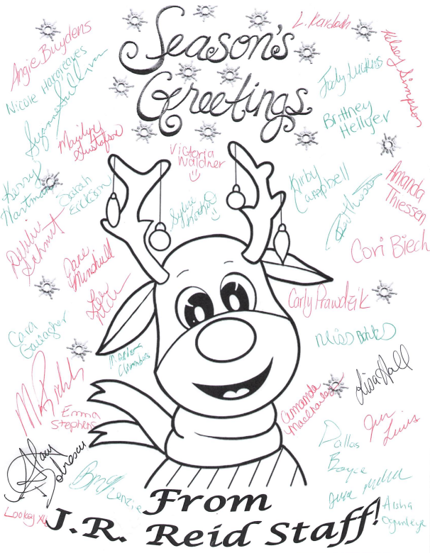 Image is a picture of a reindeer with lights on it's antlers. The words Season's Greetings are written above. Staff signatures in green and red around the reindeer