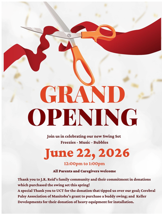 Monday, June 22nd 2026 12:00 - 1:00 Grand Opening for our new swing set. freezies, music, bubbles! 