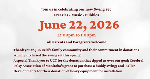 Thank you note to sponsors. Join us in celebrating our new swing set June 22, 2026 12:00 - 1:00 Freezies, bubbles, and music! 