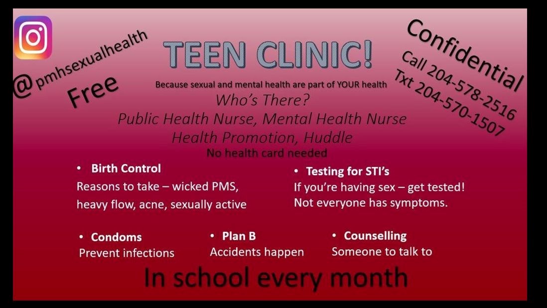 Teen Health Clinic promotional flyer uses pink-to-red gradient, Instagram handle @pmhsexualhealth, free services, confidential phone numbers, and monthly in-school visits. 