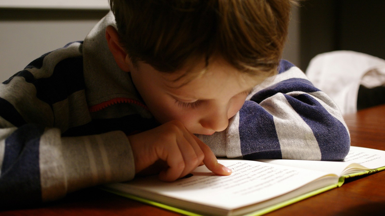 boy in blue and grey striped shirt, looking down at a book point with this finger to the words