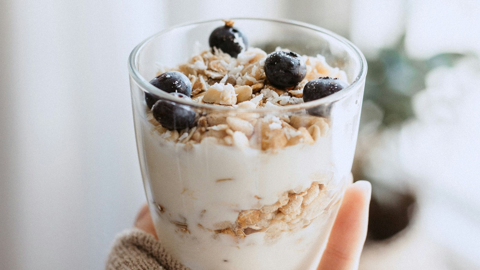 a cup of yogurt with oats topped with blueberries