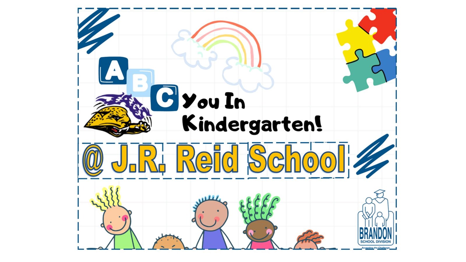ABC You In Kindergarten @ J.R. Reid School with children on the bottom and the Jaguar logo 