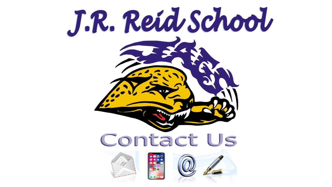 J.R. Reid School contact us with jaguar logo and envelope, cell phone, at symbol and pen