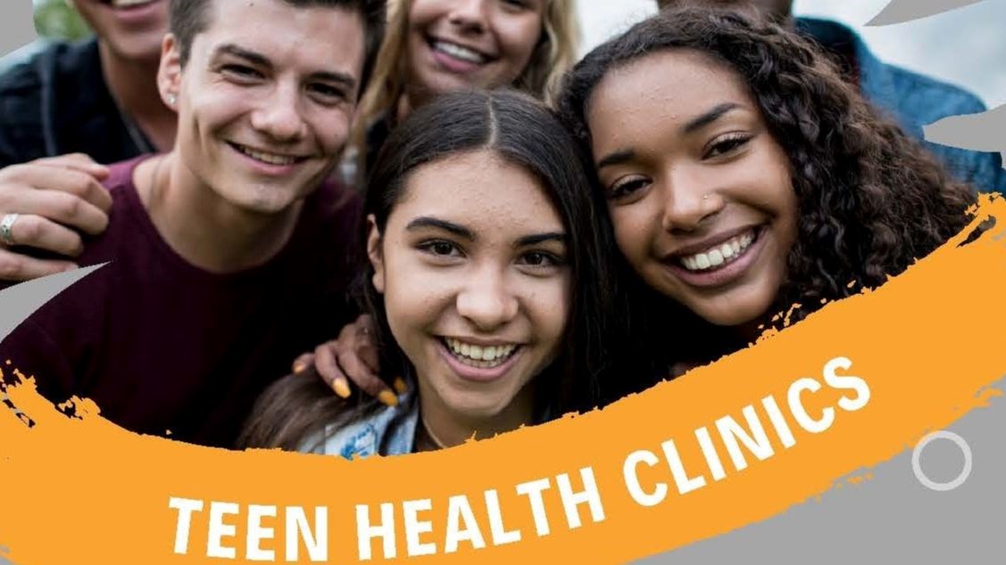 Teen Health Clinics promotional graphic featuring five smiling teens with an orange “Teen Health Clinics” banner.