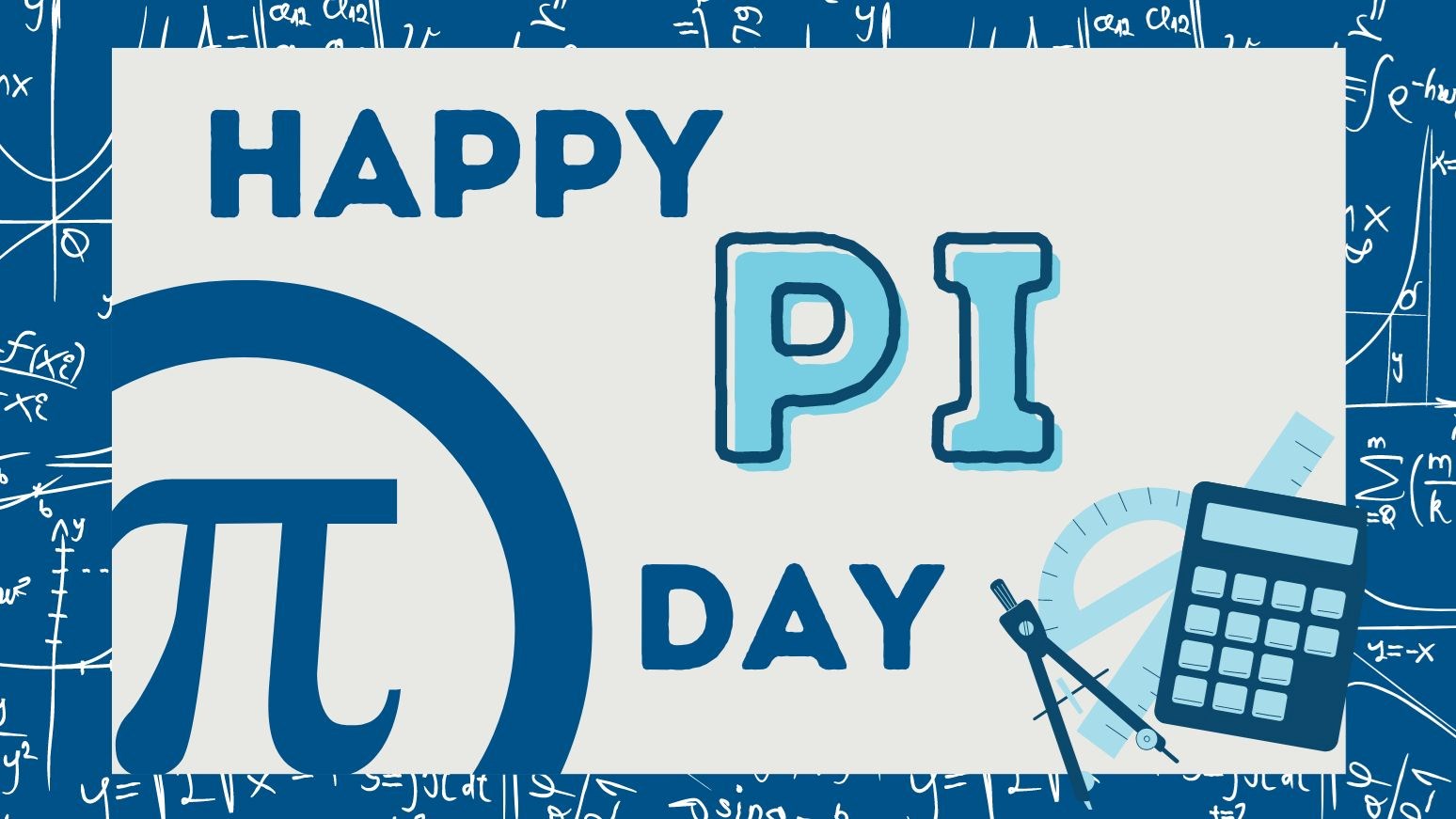 Blue text and math symbols with text that reads "Happy PI Day"