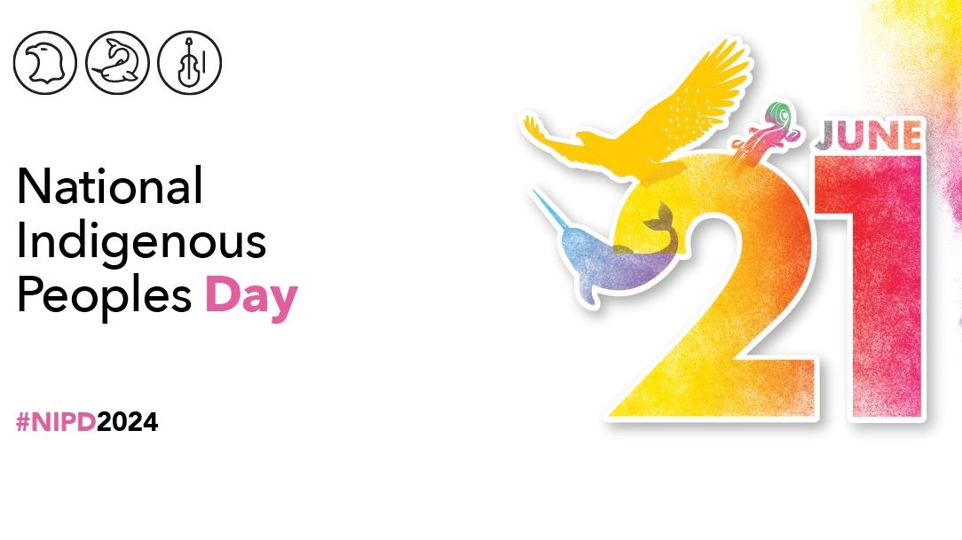 Illustrations of an eagle representing First Nations, a narwhal representing Inuit, and a violin representing Métis. These illustrations are placed around the date "June 21" and surrounded by multicoloured smoke that represents Indigenous traditions, spirituality, inclusion, and diversity. English text: National Indigenous Peoples Day June 21 #NIPD2024