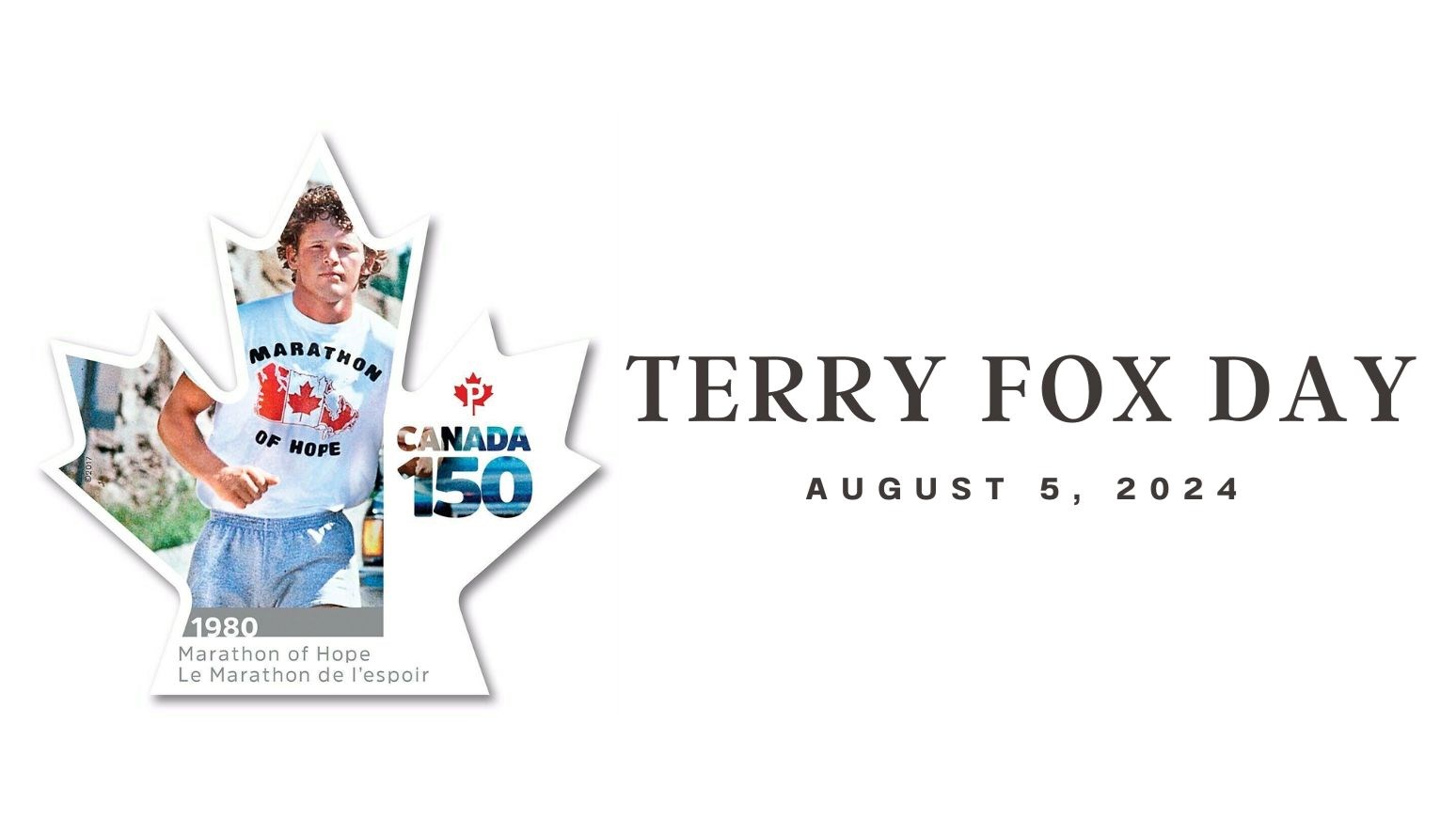 Canadian Maple Leaf with a picture of Terry Fox running. Text that reads “Terry Fox Day, August 5, 2024”