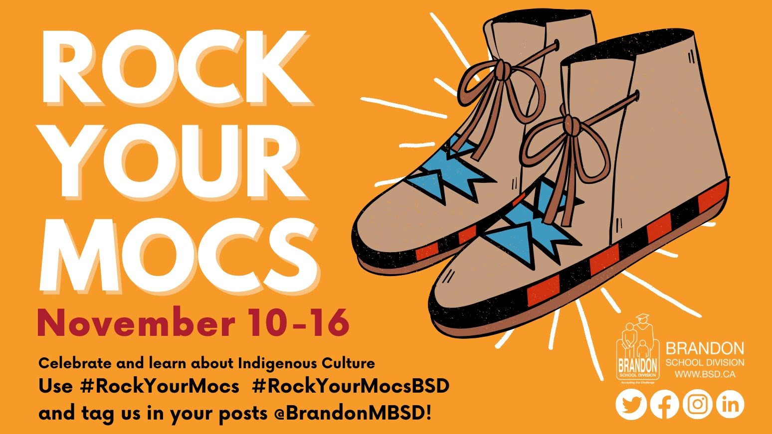 Illustration of a pair of Indigenous moccasins against an orange background with text that reads “Rock Your Mocs – November 10-16, 2024”