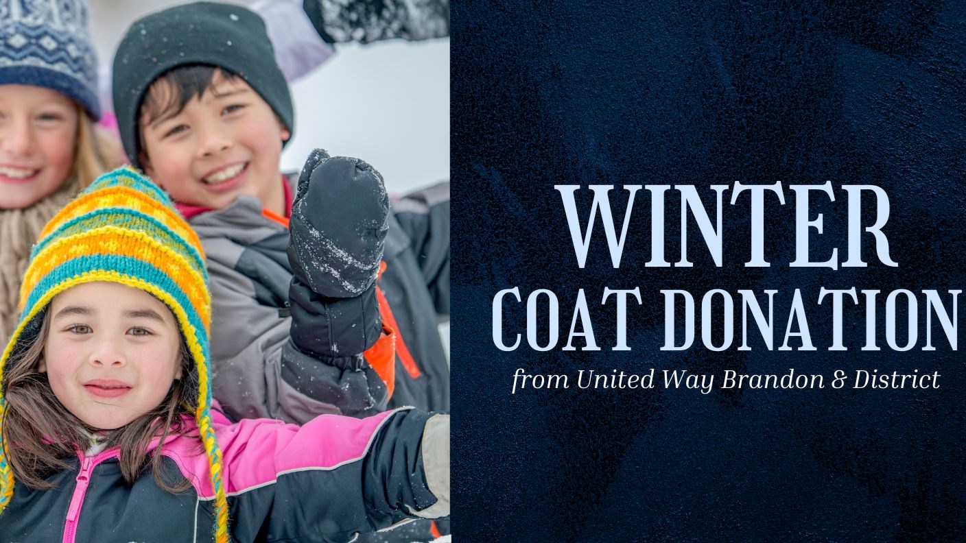 A group of children smiling and playing in the snow with text that reads “Winter Coat Donation from United Way Brandon & District”