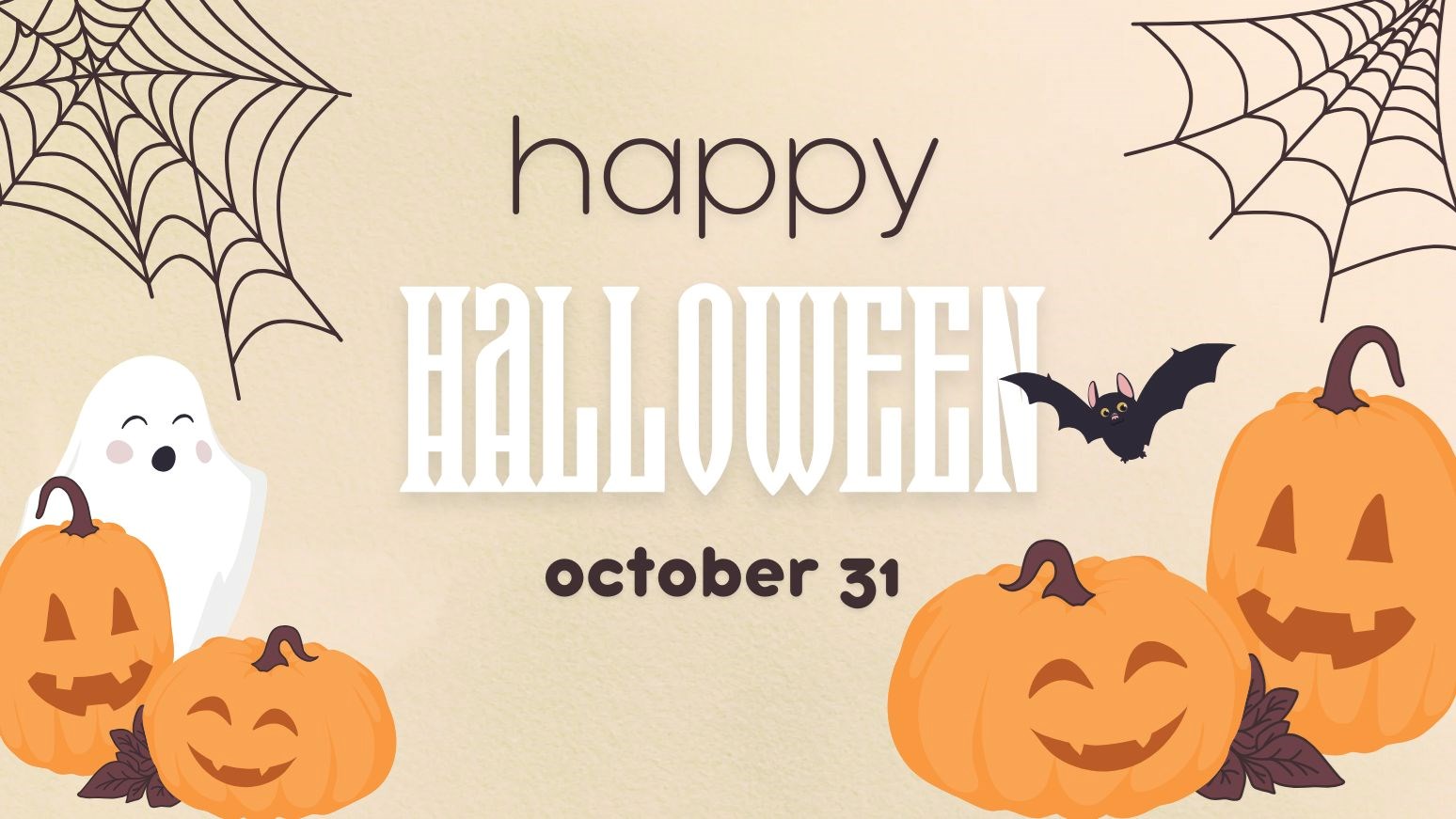 Illustrations of Halloween pumpkins, ghosts, and spider webs with text that reads “Happy Halloween – October 31”