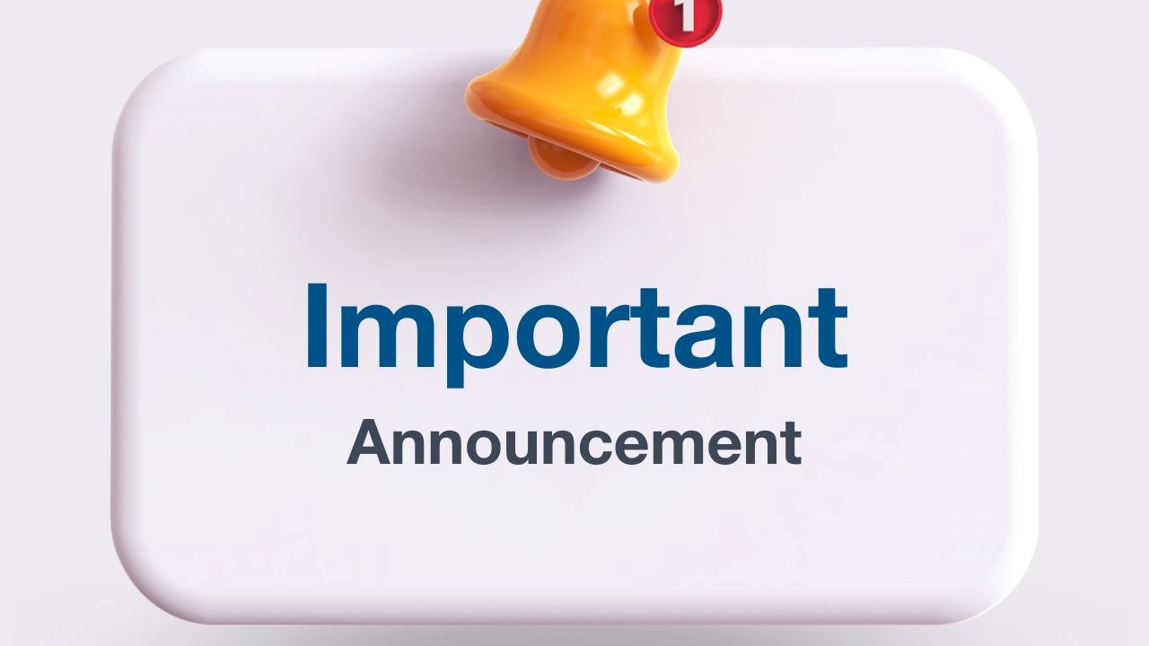 A white rectangular sign with a yellow notification bell attached with text that reads “Important Announcement”
