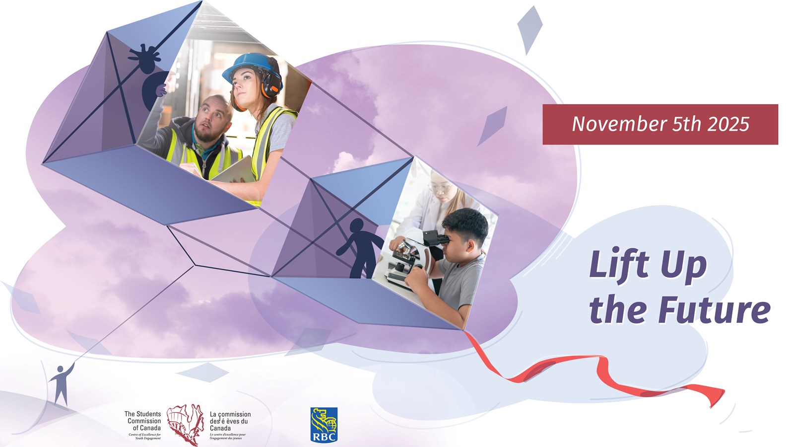 Banner for Take Our Kids to Work Day 2025, featuring students in the workplace and the theme ‘Lift Up the Future’ with the event date November 5, 2025. Presented by Students Commission of Canada and RBC."