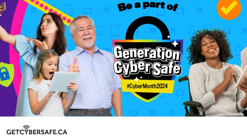 A group of people holding electronic devices posing for a photograph with text that reads “Be a part of Generation Cyber Safe #CyberMonth2024”