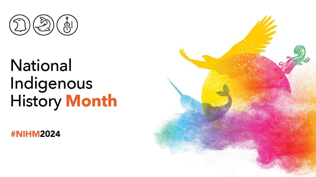 An eagle representing First Nations, a narwhal representing Inuit, and a violin representing Métis. These illustrations are placed around the sun and surrounded by multicoloured smoke that represents Indigenous traditions, spirituality, inclusion and diversity. English text: National Indigenous History Month #NIHM2024